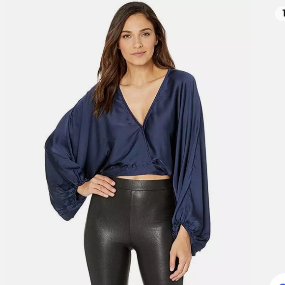 Free People Midnight Blue Blouson Sleeve Blouse with Deep V-Neck Sz Small - Picture 5 of 14